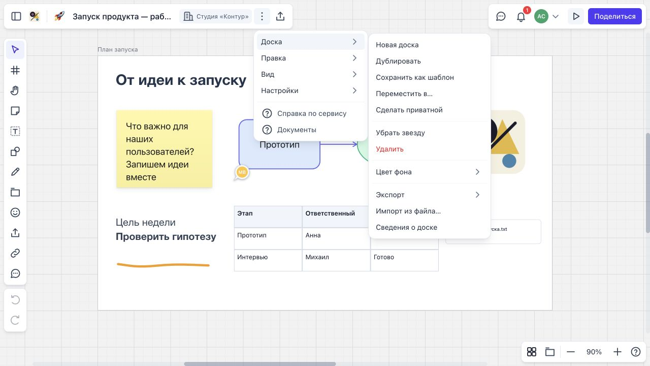 Меню действий с доской
