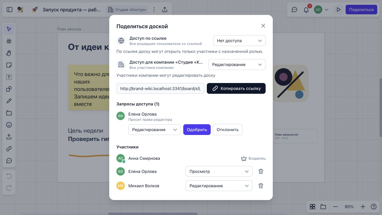 Окно доступа к доске с ролями и доступом по ссылке